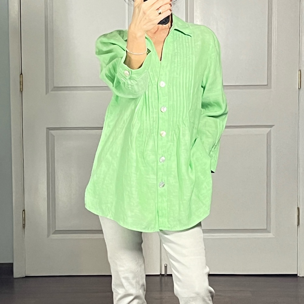 Foxcroft 100% linen shaped fit gathering front 3/4 sleeves blouse tunic …
